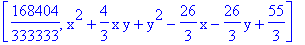 [168404/333333, x^2+4/3*x*y+y^2-26/3*x-26/3*y+55/3]